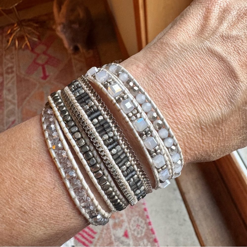 2 Homemade Off White & Silver Beads Wrap Woven Macramé Bracelet -Adjustable